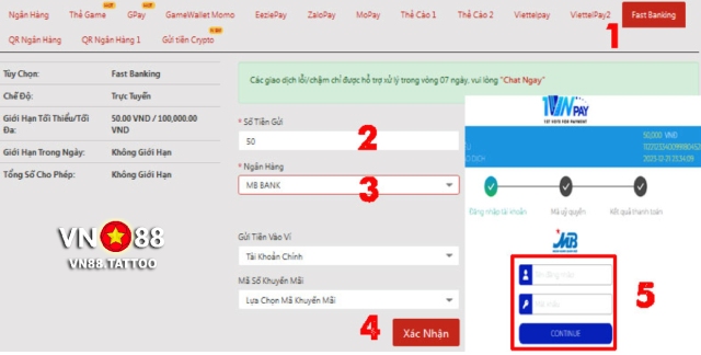 Dùng Fast Banking gửi tiền vào cá cược