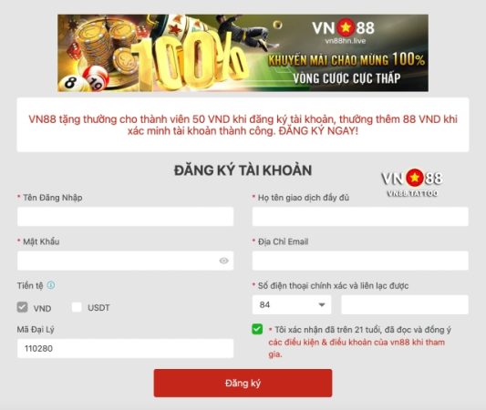 Giao diện khi bạn đăng ký VN88